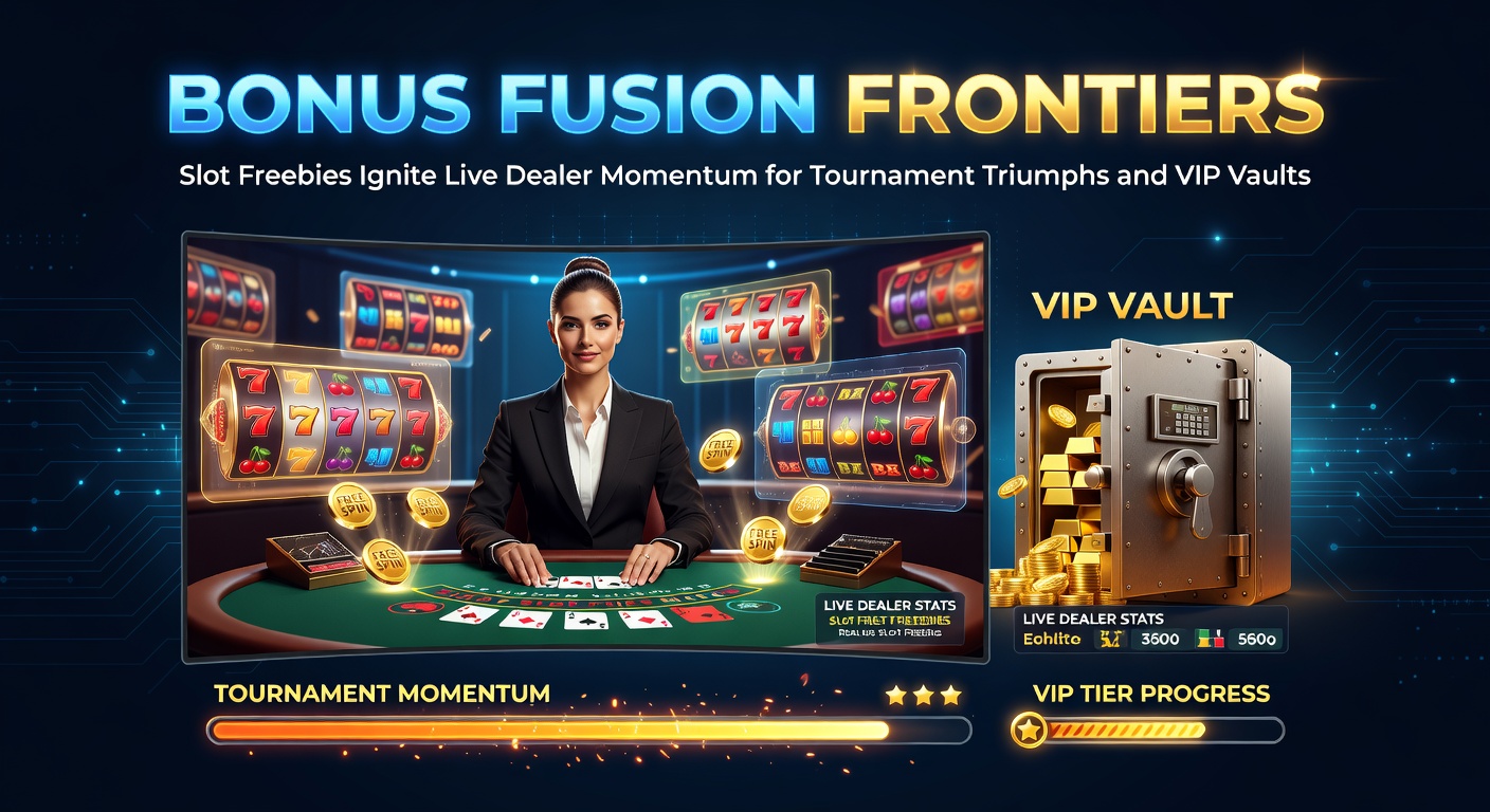 Dynamische Grafik von Slot-Freebies, die Live-Dealer-Tische und Turnier-Trophäen mit VIP-Tresoren verbinden, in leuchtenden Farben dargestellt
