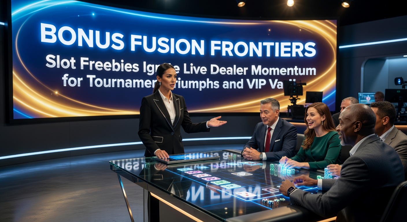 Visuelle Darstellung eines Turnier-Siegs mit Slot-Freebies, die zu einem geöffneten VIP-Tresor führen, umgeben von Live-Dealer-Elementen und Trophäen