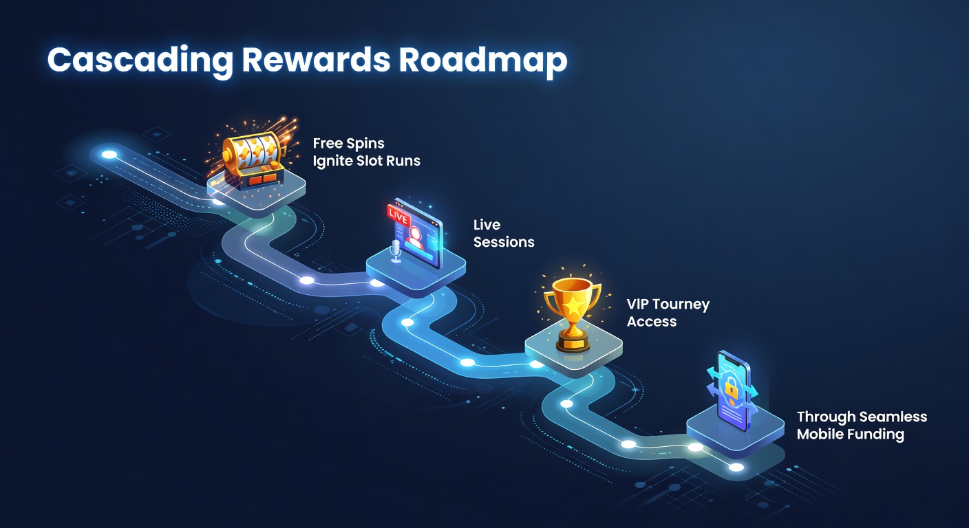 Grafik einer kaskadierenden Belohnungsleiter mit Free Spins, Slot-Maschinen und mobilen Zahlungsoptionen