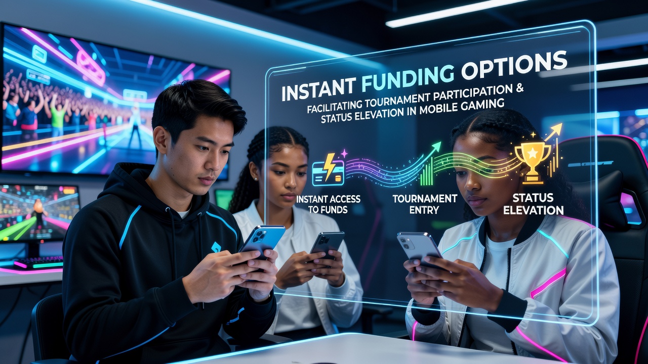Mobile gaming interface showing instant funding flow into tournament brackets and loyalty tier progression