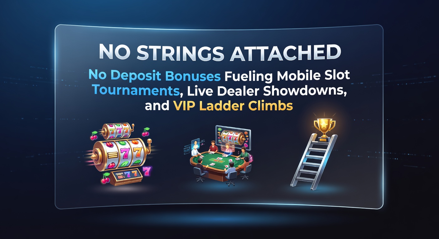 Smartphone mit leuchtenden Slot-Turnier-Symbolen und No-Deposit-Bonus-Bannern im Vordergrund, umgeben von Live-Dealer-Tischen und VIP-Leitern