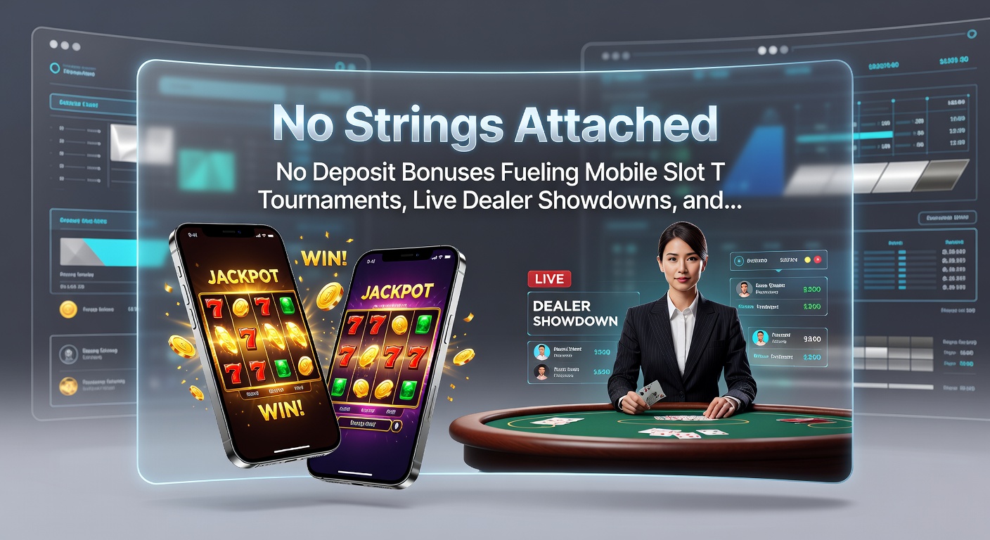 Live-Dealer-Tisch mit Roulette und Blackjack, flankiert von VIP-Leiter-Icons und No-Deposit-Bonus-Pop-ups auf einem Tablet-Bildschirm