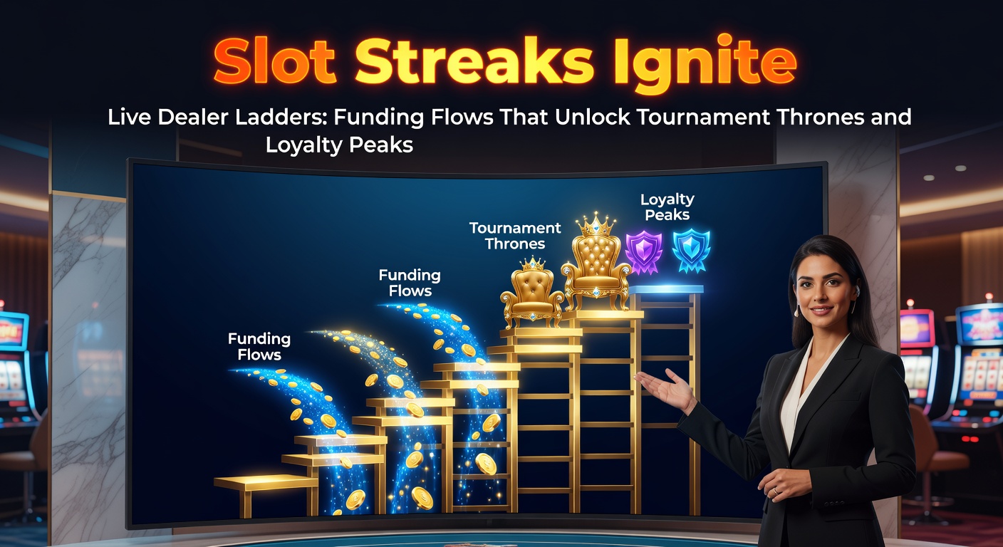 Dynamische Grafik einer Slot-Gewinnserie, die eine Leiter zu Live-Dealer-Turnieren hochleuchtet, mit goldenen Funding-Strömen und Thron-Symbolen