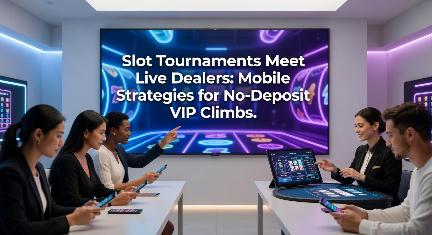 Live-Dealer am Tisch mit Slot-Turnier-Leaderboard auf mobilem Bildschirm, illustriert Strategien für VIP-Aufstieg ohne Einzahlung