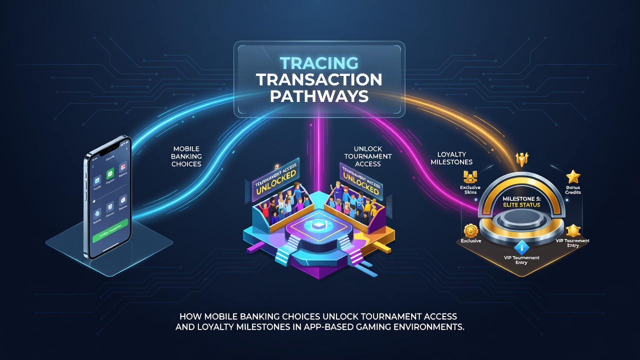 Diagramm zeigt mobile Transaktionspfade die zu Turnieren und Loyalitätsstufen führen
